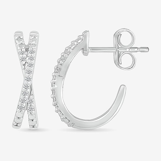 Crossover C-Hoop Womens 1/10 CT. T.W. Natural White Diamond Sterling Silver 14mm Hoop Earrings