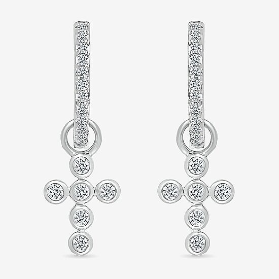 Womens 1/5 CT. Natural White Diamond Sterling Silver 28mm Cross Hoop Earrings