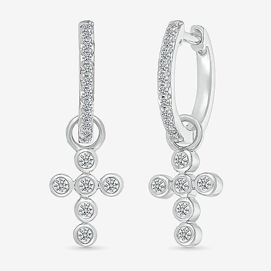 Womens 1/5 CT. Natural White Diamond Sterling Silver 28mm Cross Hoop Earrings