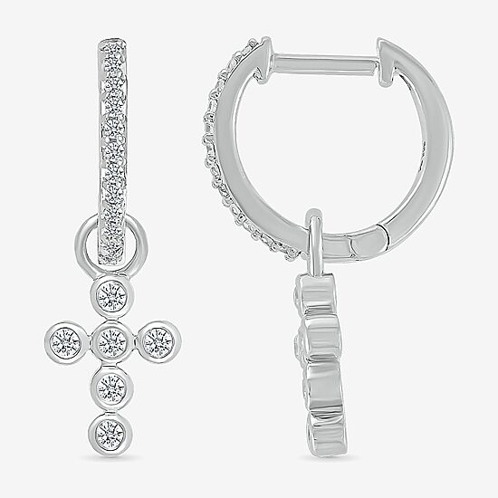 Womens 1/5 CT. Natural White Diamond Sterling Silver 28mm Cross Hoop Earrings