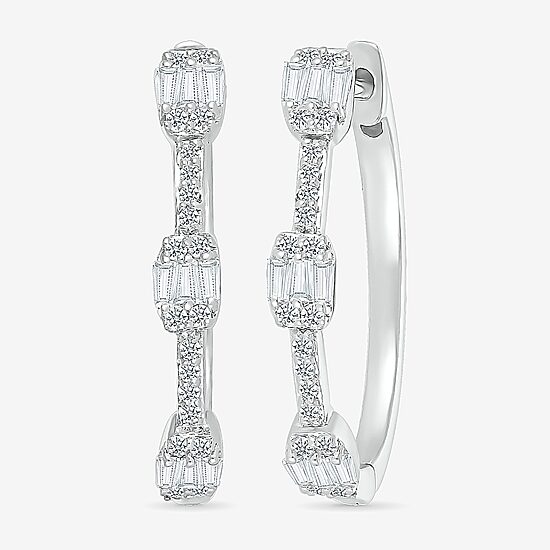 Womens 1/2 CT. T.W. Natural White Diamond Sterling Silver 23.7mm Hoop Earrings