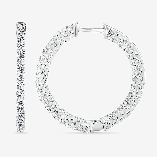 Womens 1 1/2 CT. T.W. Natural White Diamond Sterling Silver 26.5mm Hoop Earrings