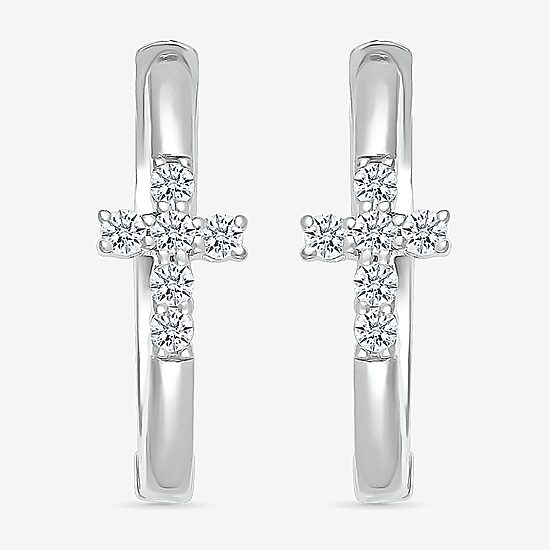 Womens 1/8 CT. T.W. Natural White Diamond Sterling Silver 15.8mm Cross Hoop Earrings