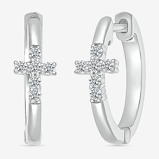 Womens 1/8 CT. T.W. Natural White Diamond Sterling Silver 15.8mm Cross Hoop Earrings