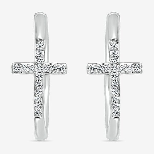Womens 1/6 CT. T.W. Natural White Diamond Sterling Silver 20.3mm Cross Hoop Earrings, One Size