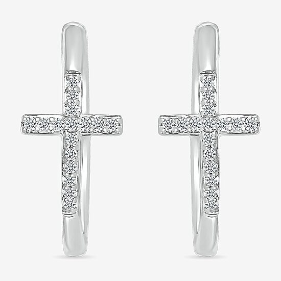 Womens 1/6 CT. T.W. Natural White Diamond Sterling Silver 20.3mm Cross Hoop Earrings