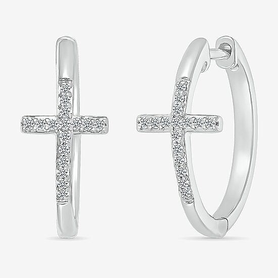 Womens 1/6 CT. T.W. Natural White Diamond Sterling Silver 20.3mm Cross Hoop Earrings