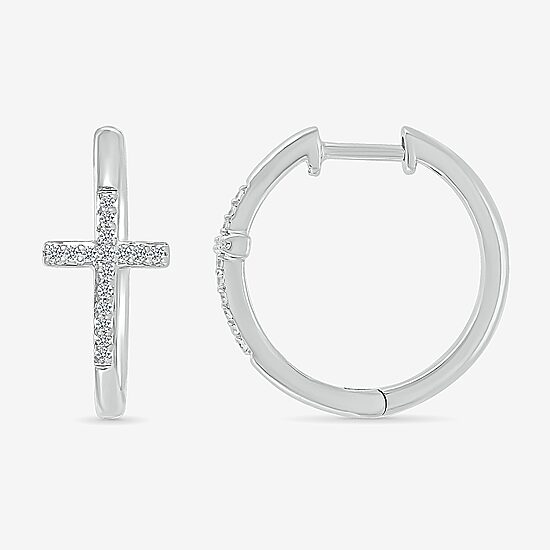 Womens 1/6 CT. T.W. Natural White Diamond Sterling Silver 20.3mm Cross Hoop Earrings