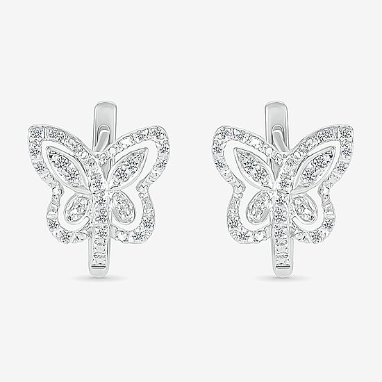 Womens 1/6 CT. T.W. Natural White Diamond Sterling Silver 10.7mm Butterfly Hoop Earrings