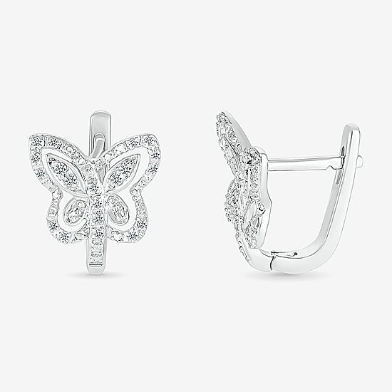 Womens 1/6 CT. T.W. Natural White Diamond Sterling Silver 10.7mm Butterfly Hoop Earrings