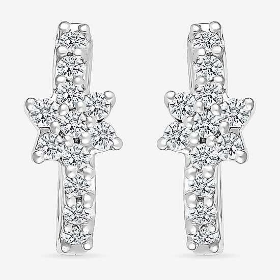 Womens 1/4 CT. T.W. Natural White Diamond Sterling Silver 12.3mm Flower Hoop Earrings