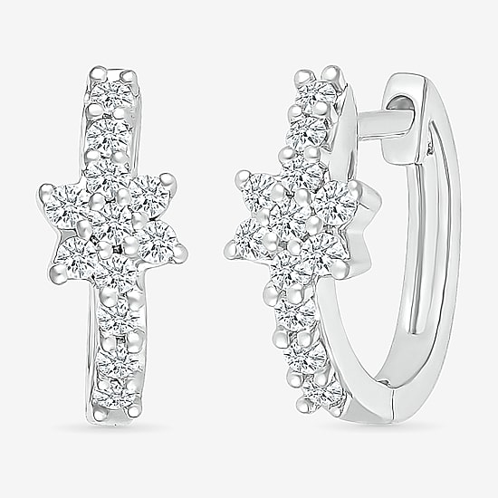Womens 1/4 CT. T.W. Natural White Diamond Sterling Silver 12.3mm Flower Hoop Earrings
