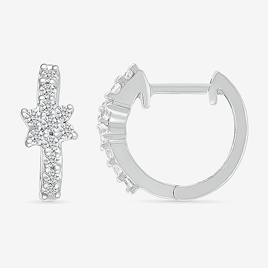 Womens 1/4 CT. T.W. Natural White Diamond Sterling Silver 12.3mm Flower Hoop Earrings