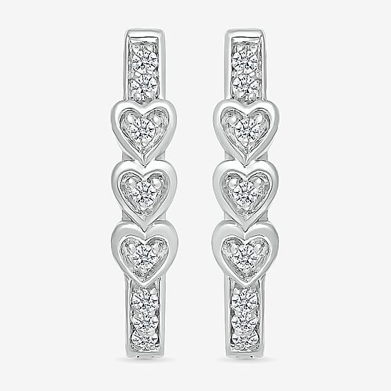 Womens 1/8 CT. T.W. Natural White Diamond Sterling Silver 17mm Heart Hoop Earrings