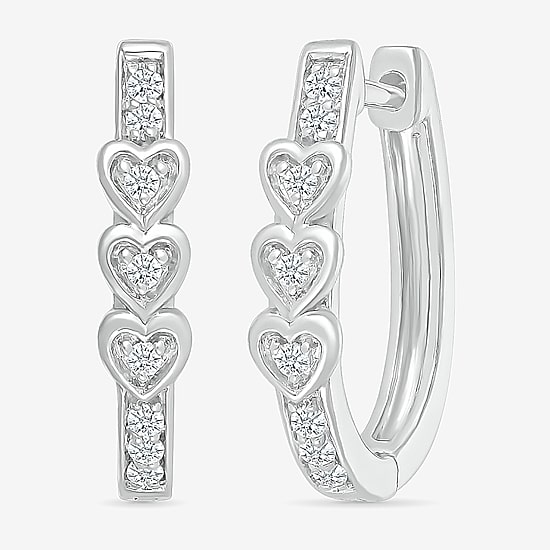 Womens 1/8 CT. T.W. Natural White Diamond Sterling Silver 17mm Heart Hoop Earrings