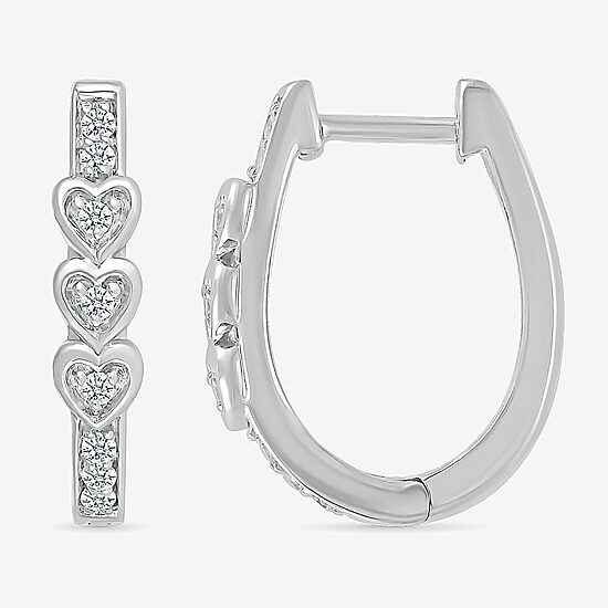 Womens 1/8 CT. T.W. Natural White Diamond Sterling Silver 17mm Heart Hoop Earrings