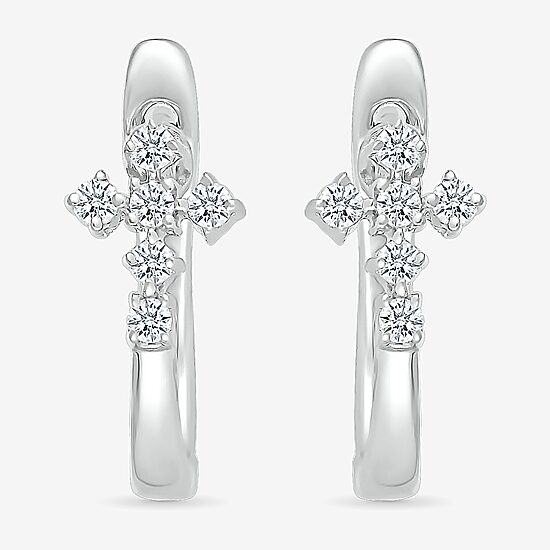 Womens 1/6 CT. T.W. Natural White Diamond Sterling Silver 15.5mm Cross Hoop Earrings