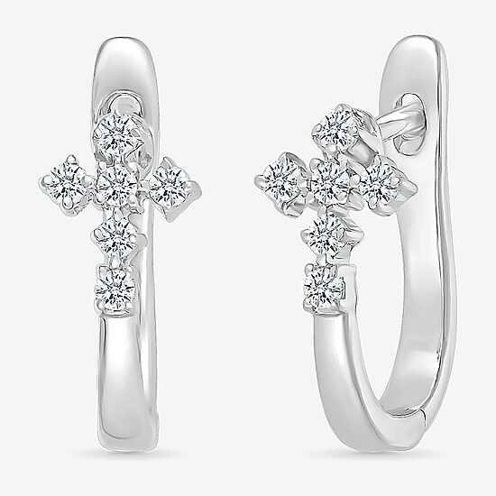 Womens 1/6 CT. T.W. Natural White Diamond Sterling Silver 15.5mm Cross Hoop Earrings
