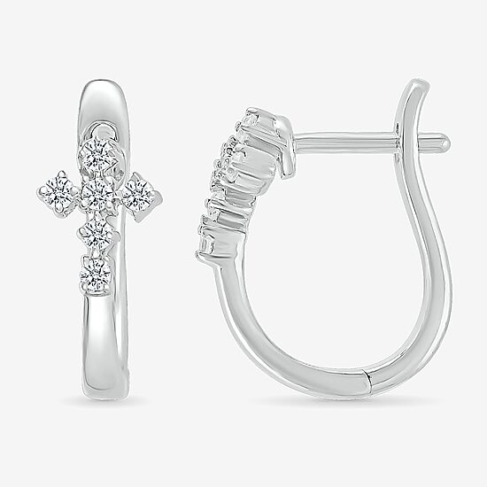 Womens 1/6 CT. T.W. Natural White Diamond Sterling Silver 15.5mm Cross Hoop Earrings
