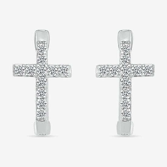 Womens 1/5 CT. Natural White Diamond Sterling Silver 14.3mm Cross Hoop Earrings