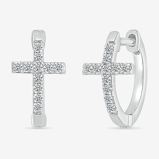 Womens 1/5 CT. Natural White Diamond Sterling Silver 14.3mm Cross Hoop Earrings