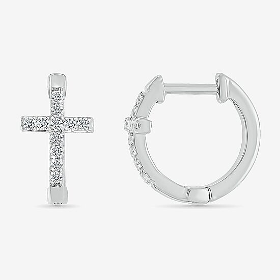 Womens 1/5 CT. Natural White Diamond Sterling Silver 14.3mm Cross Hoop Earrings