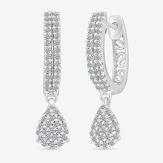 Womens 1/2 CT. T.W. Natural White Diamond Sterling Silver 22.4mm Pear Hoop Earrings
