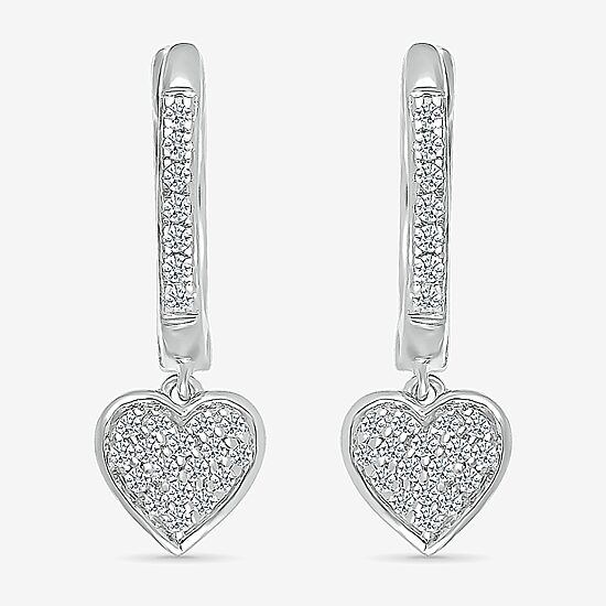 Womens 1/5 CT. Natural White Diamond Sterling Silver 20.1mm Heart Hoop Earrings