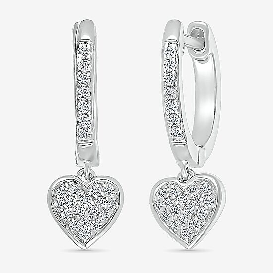 Womens 1/5 CT. Natural White Diamond Sterling Silver 20.1mm Heart Hoop Earrings