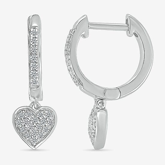 Womens 1/5 CT. Natural White Diamond Sterling Silver 20.1mm Heart Hoop Earrings
