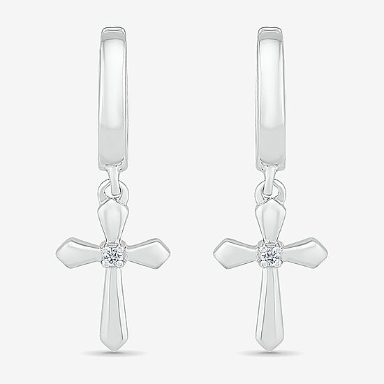 Womens Diamond Accent Natural White Diamond Sterling Silver 28mm Cross Hoop Earrings