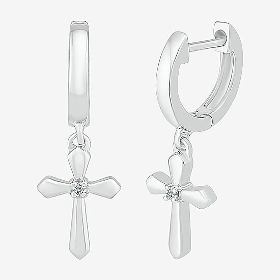 Womens Diamond Accent Natural White Diamond Sterling Silver 28mm Cross Hoop Earrings