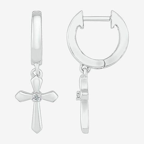 Womens Diamond Accent Natural White Diamond Sterling Silver 28mm Cross Hoop Earrings