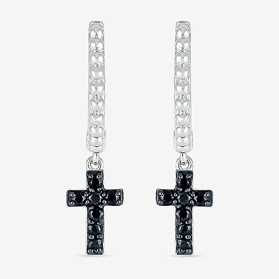 Womens 1/6 CT. T.W. Natural Black Diamond Sterling Silver 24mm Cross Hoop Earrings
