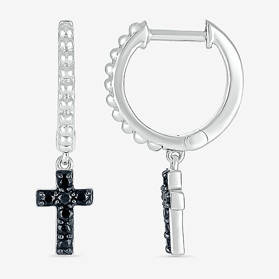 Womens 1/6 CT. T.W. Natural Black Diamond Sterling Silver 24mm Cross Hoop Earrings