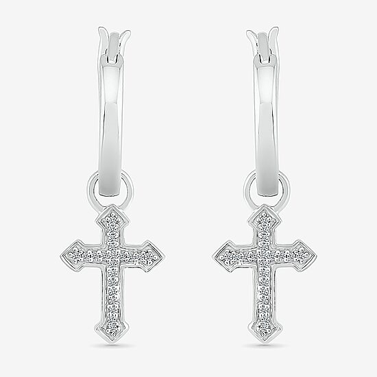 Womens Diamond Accent Natural White Diamond Sterling Silver 25.1mm Cross Hoop Earrings