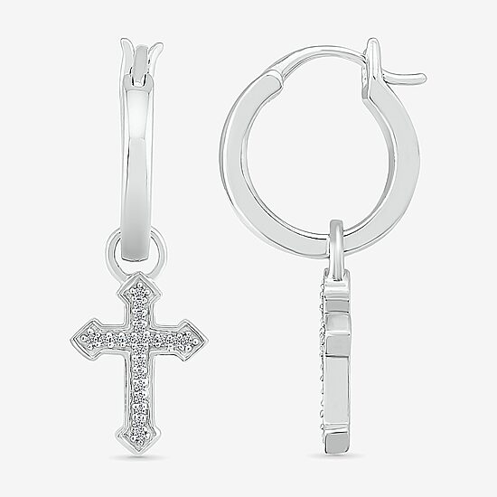 Womens Diamond Accent Natural White Diamond Sterling Silver 25.1mm Cross Hoop Earrings