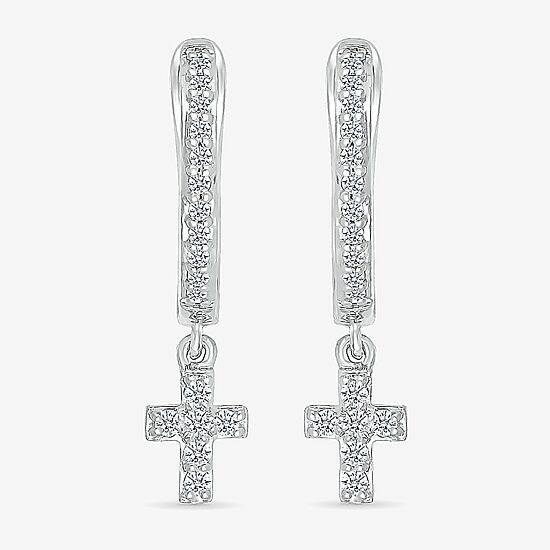 Womens 1/6 CT. T.W. Natural White Diamond Sterling Silver 19.5mm Cross Hoop Earrings