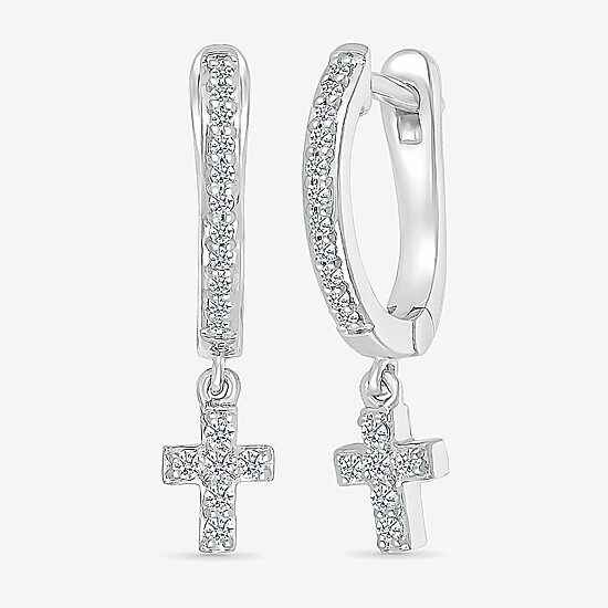 Womens 1/6 CT. T.W. Natural White Diamond Sterling Silver 19.5mm Cross Hoop Earrings