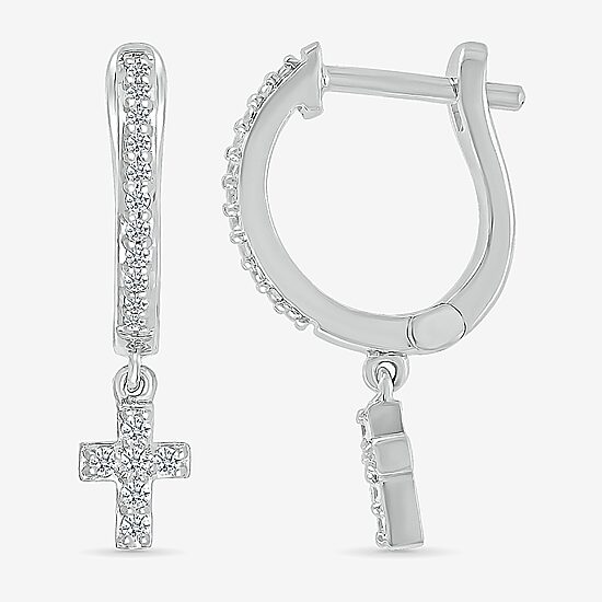 Womens 1/6 CT. T.W. Natural White Diamond Sterling Silver 19.5mm Cross Hoop Earrings
