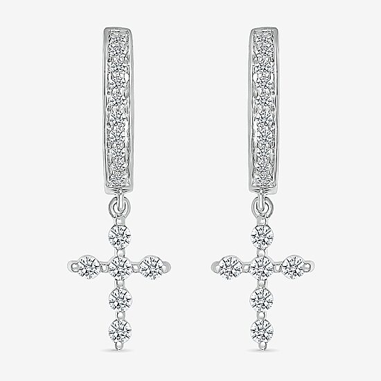 Womens 1/3 CT. T.W. Natural White Diamond Sterling Silver 25mm Cross Hoop Earrings