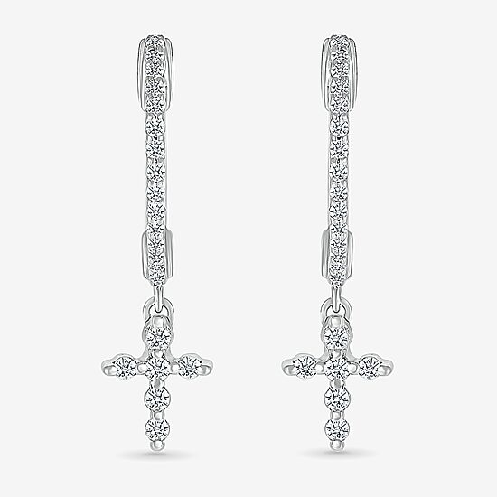 Womens 1/4 CT. T.W. Natural White Diamond Sterling Silver 22.4mm Cross Hoop Earrings
