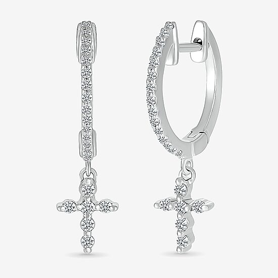 Womens 1/4 CT. T.W. Natural White Diamond Sterling Silver 22.4mm Cross Hoop Earrings