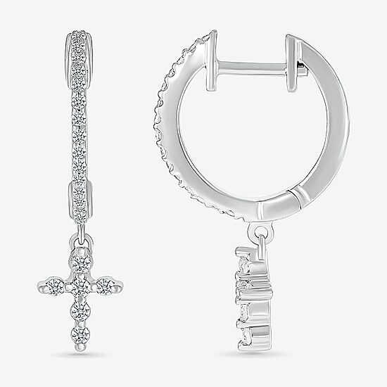 Womens 1/4 CT. T.W. Natural White Diamond Sterling Silver 22.4mm Cross Hoop Earrings
