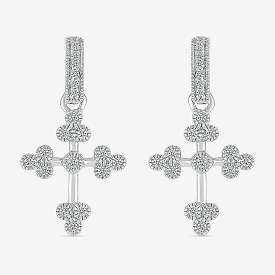 Womens 1/5 CT. Natural White Diamond Sterling Silver Cross Drop Earrings