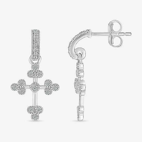 Womens 1/5 CT. Natural White Diamond Sterling Silver Cross Drop Earrings