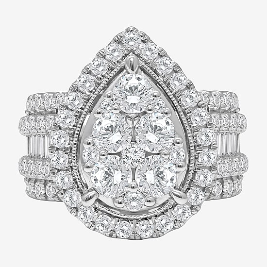 4 CT.T.W. Natural Diamond Pear Shape Side Stone Halo Engagement Ring in 10K or 14K White Gold