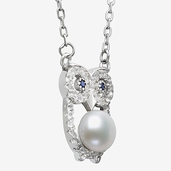 Owl Womens White Cultured Freshwater Pearl Sterling Silver 16 Inch Pendant Necklace