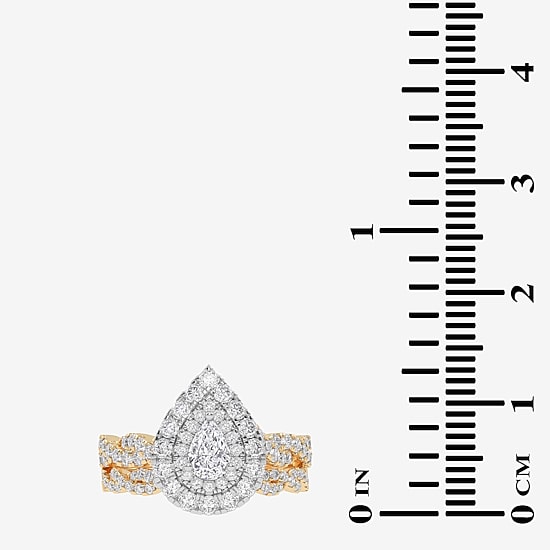 Signature By Modern Bride 1 CT.T.W. Natural Diamond Pear Shape Side Stone Halo Bridal Set in 10K or 14K Gold