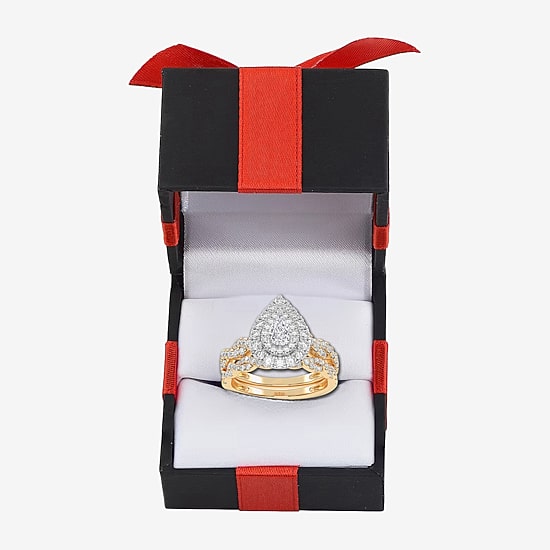 Signature By Modern Bride 1 CT.T.W. Natural Diamond Pear Shape Side Stone Halo Bridal Set in 10K or 14K Gold